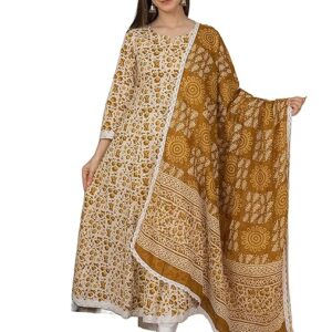 MEERA FAB Women's Cotton Printed Anarkali Kurta with Palazzo & Dupatta Set